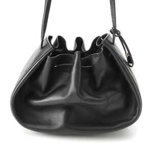 Gucci Leather Drawstring Shoulder Bag Logo Plate Black